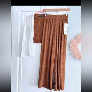 3 Piece Brown Ribbed Wide-Leg Pants Set